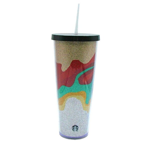 Starbucks Sand Flow Glitter Acrylic Cold Cup Tumbler 24 Floz Black Lid and Straw - Picture 1 of 10